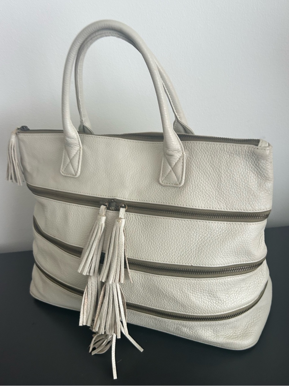 Pallie Bags Cream Pebbled Leather Multi Zip Tote Shoulder Bag Work Laptop - Picture 5 of 13